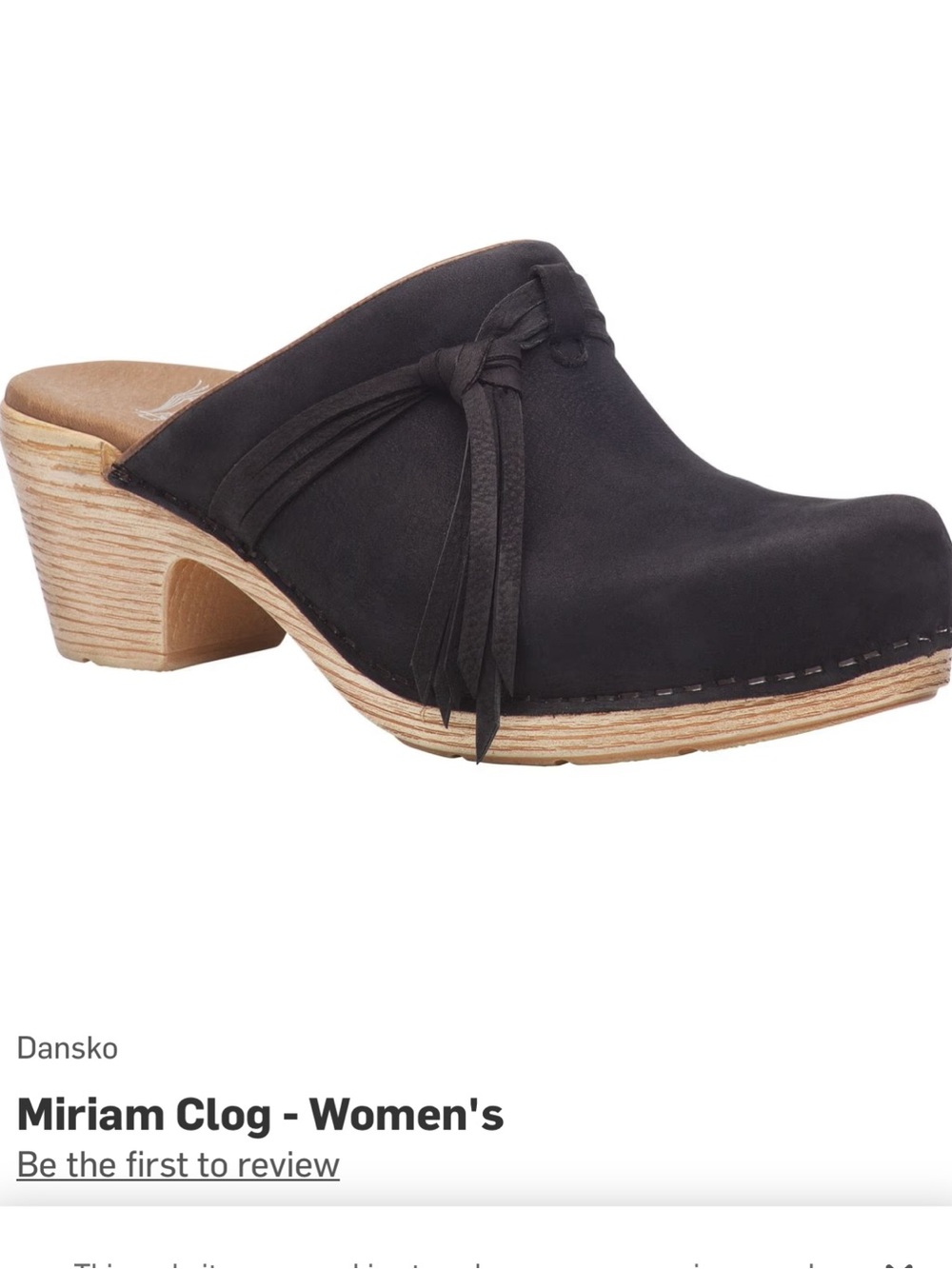 Dansko black nubuck leather clog with fringe detail
